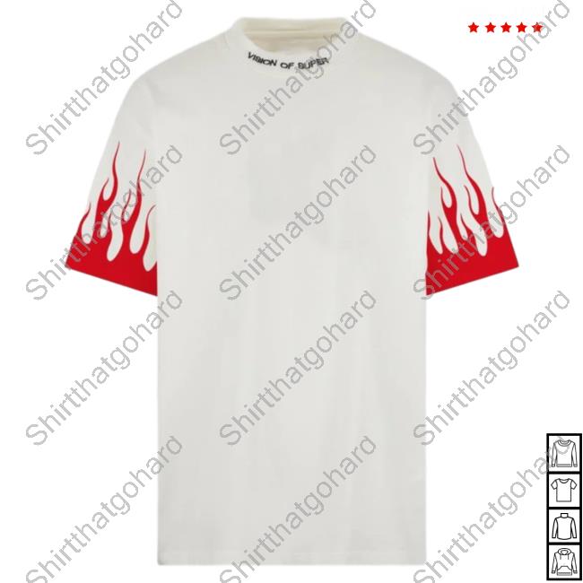 Official Vision Of White T-Shirt With Printed Red Flames
