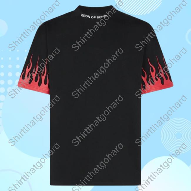 Official Vision Of Super Black Hot Shirt With Printed Red Flames