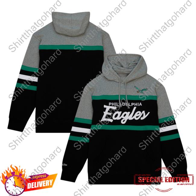 Official PhiladelphiaEagles Clothing Merch Store Shop Mitchell & Ness Black/Heather Gray Philadelphia Eagles Head Coach Pullover Sweatshirt
